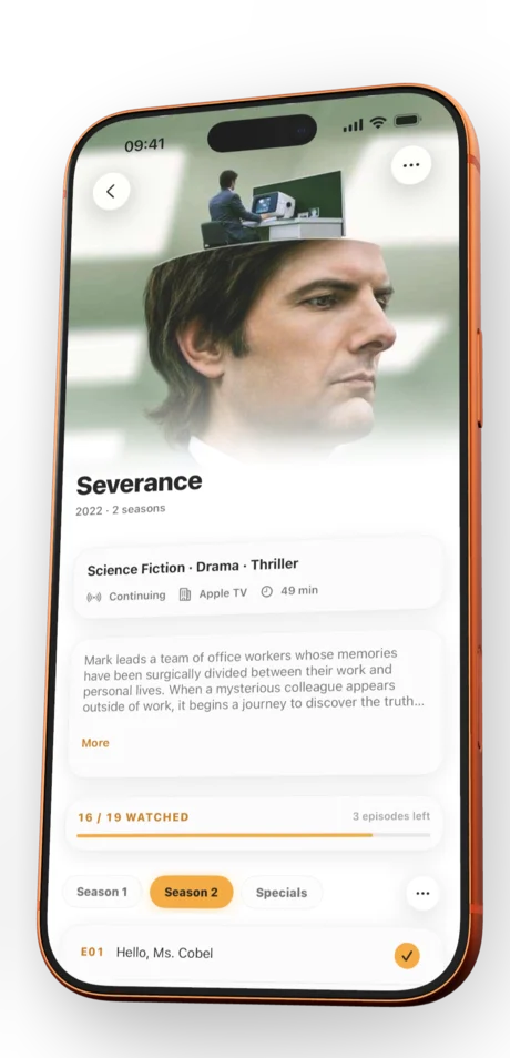 Angled iPhone showing a show detail screen with hero artwork and season progress