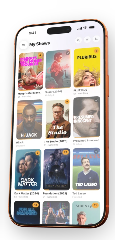 Angled iPhone showing the My Shows poster grid in light appearance