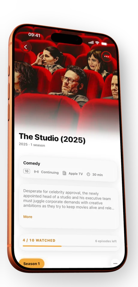 Angled iPhone showing a comedy series detail screen