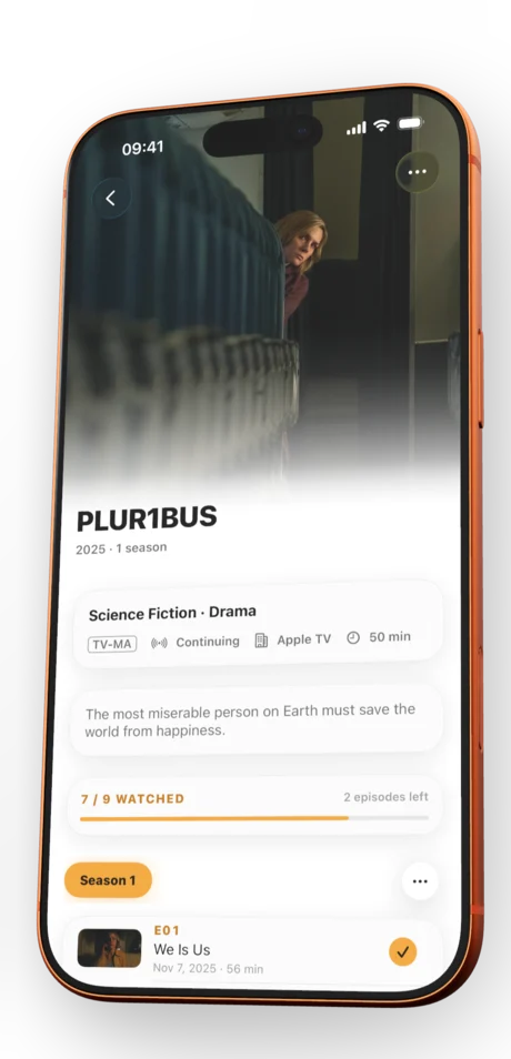 Angled iPhone showing a drama series detail screen