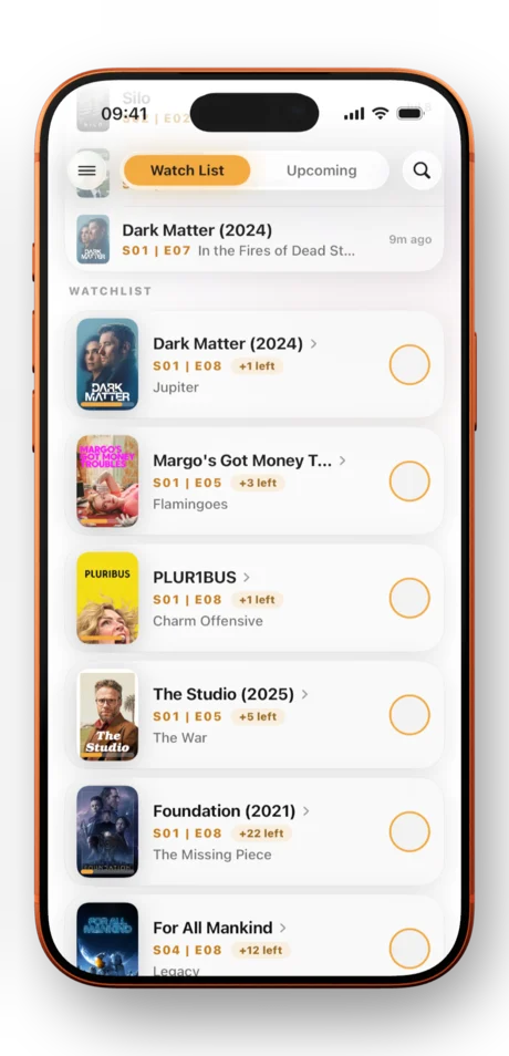 Angled iPhone showing the Watch List cued to each next episode