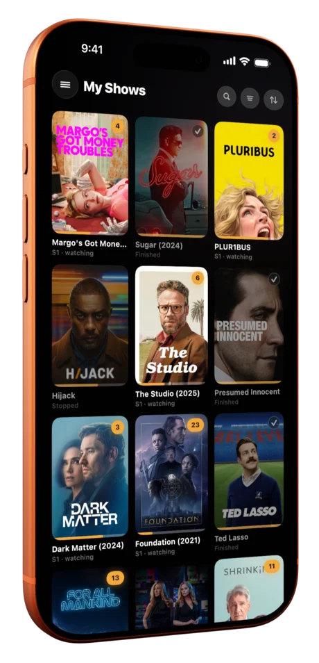 Angled iPhone showing the My Shows poster grid in dark appearance