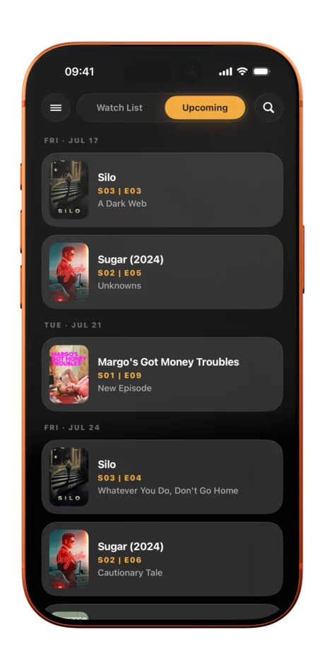 iPhone showing the Upcoming calendar grouped by air date
