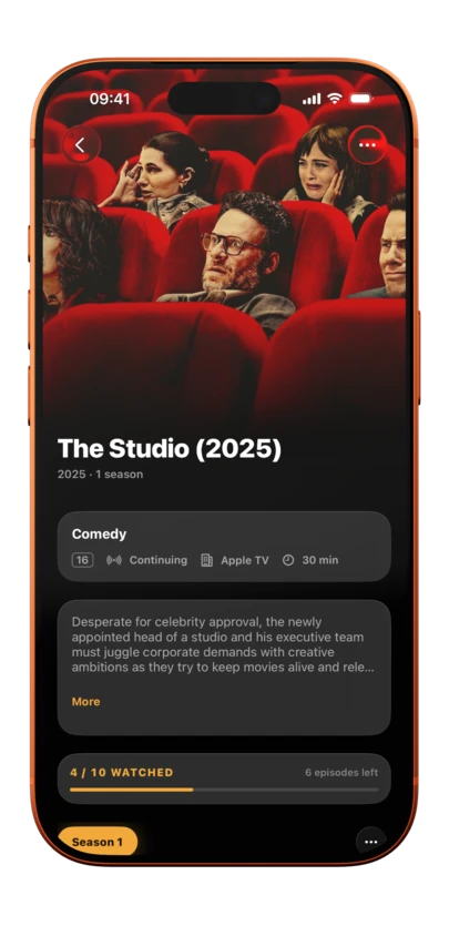 The Studio show detail with full-bleed artwork and season progress