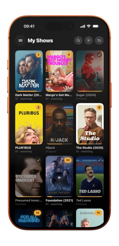 My Shows: a poster grid of every tracked series with progress