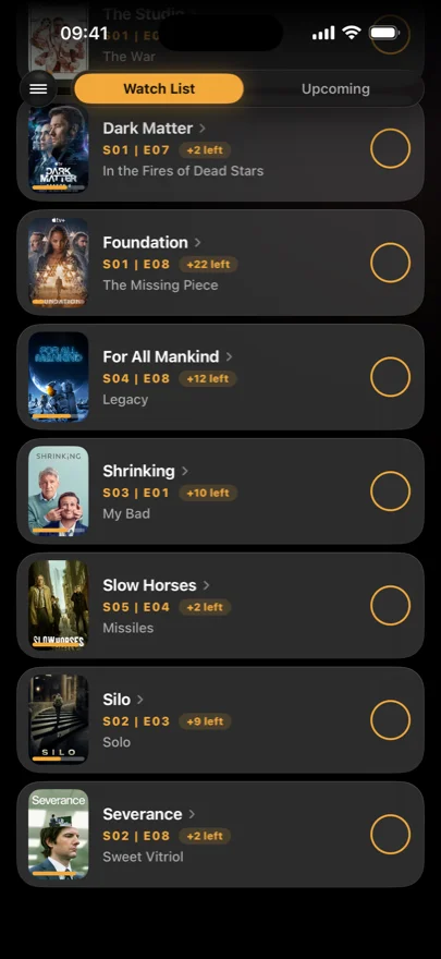 The Previously watch list, showing tracked series each cued to the next episode to watch, with how many episodes remain.