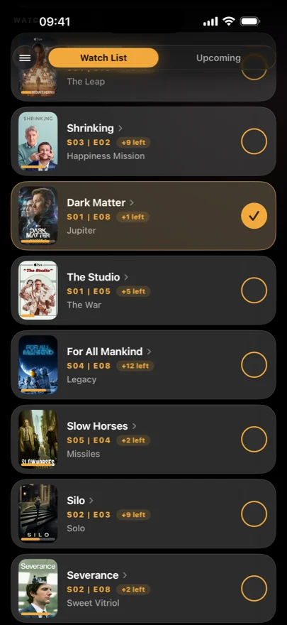 Marking an episode watched on the watch list; the card advances in place to the next episode.