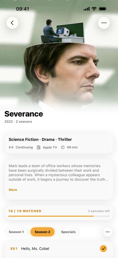 A show detail screen showing progress, genre, runtime and a season-by-season episode list.
