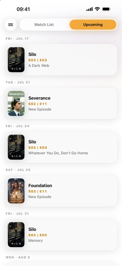 The Upcoming calendar, a chronological schedule of future episodes grouped by date.
